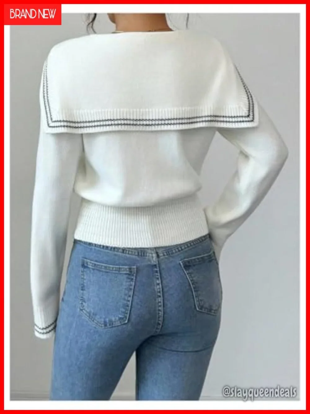 Striped Collared V Neck Sweater Long Sleeve Cinched Waist Knitted Pullover